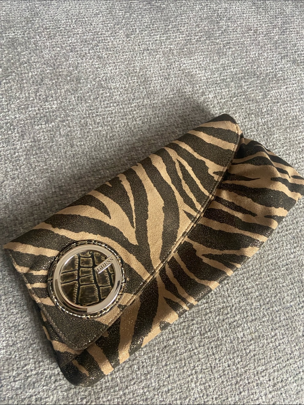 Guess Gold and Black Zebra Print Evening Clutch